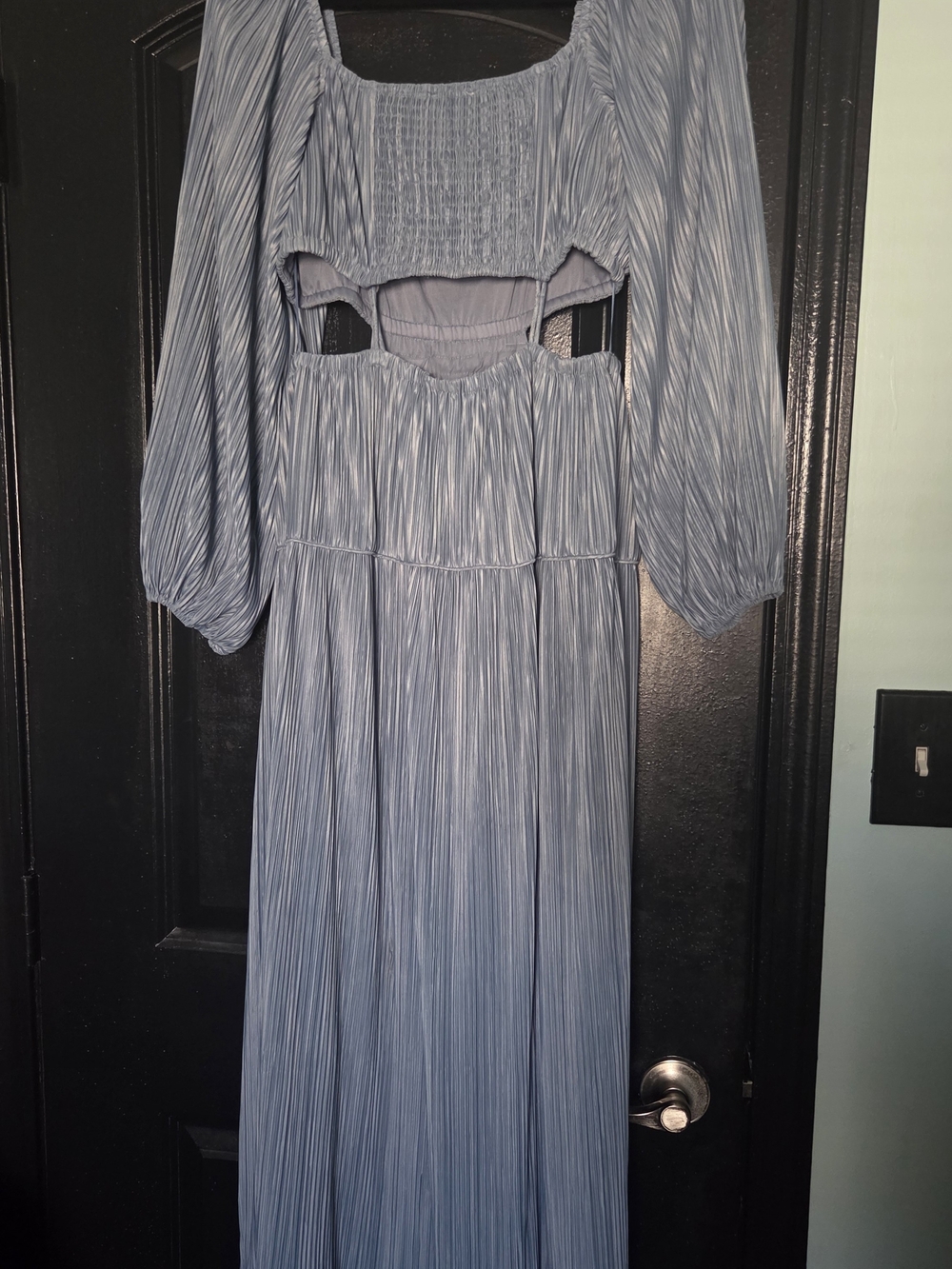 Moon River Dusty Blue Cutout Maxi Dress with Long Puff Sleeves